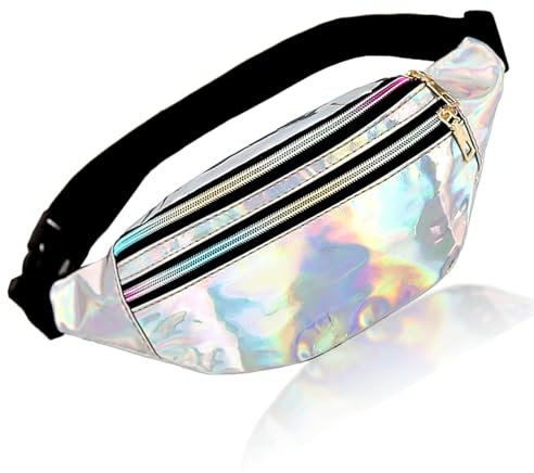 Shiny Holographic Fanny Pack, Metallic Farbe Sport wasserdicht Gürteltasche Neon Gürteltasche mit Taschen und verstellbaren Gürtel für Frauen Männer Kinder Reisen Laufen Festival Party (Silber)