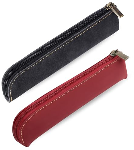 2 StückFedermäppchen Leder, Schmales Schlampermäppchen Tragbar Mäppchen Klein mit Reißverschluss Vintage Design Stifteetui für Damen und Herren Zuhause Büro Reisen Outdoor (Schwarz, Weinrot)