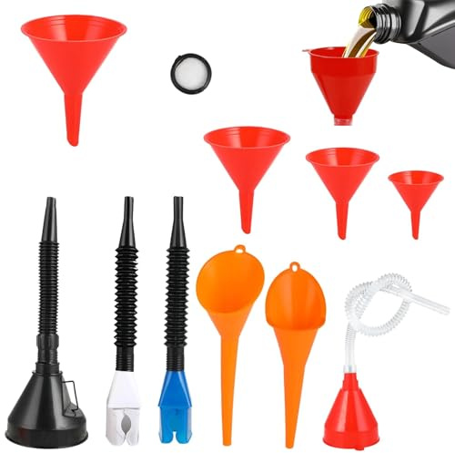 10 PCS Fuel Funnel Set, Flexible Right Angle Plastic Funnel | Long Mouth Car Oil Funnels, Detachable Spout and Filter, Universal Funel for Motorcycle Car Automotive Water Engine Oil
