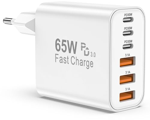 BSTOEM Chargeur USB C, 65W 6 Port Rapide iPhone, Multiple Type C 25W(Max) | USBC Chargeur Rapide iPhone Secteur, Adaptateur pour iPhone 17 16 15 14 13 12 11 Plus Pro Max X XS XR, pour iPad,pour Samsung