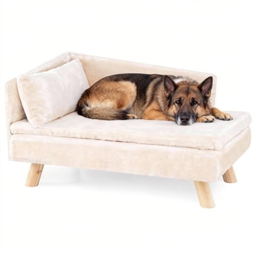 SOARS Hundesofa, Katzensofa mit Rückenlehne, Kissen & Holzbeinen, Hundecouch für kleine Hunde, Hundebett erhöht, Haustiersofa, 81 x 51 x 47 cm, Beige