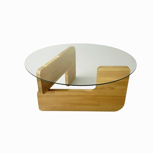 Hanah Home Modern Coffee Table, 75 cm x 35 cm x 75 cm | 100% Tempered Glass & Pine Solid Wood Frame | Elegant Oak & Transparent Design for Stylish Living Spaces