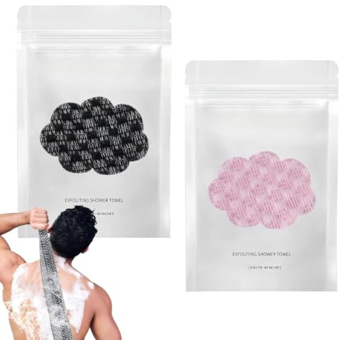 iPhox 2PCS Antibacterial Exfoliating Shower Towel, 2-in-1 Double-Sided Body Face Scrub Cloth, Deep Dead Skin Removal Washcloth, Skin-Friendly Bath Towel for Men Women All Skin Types, Pink + Black
