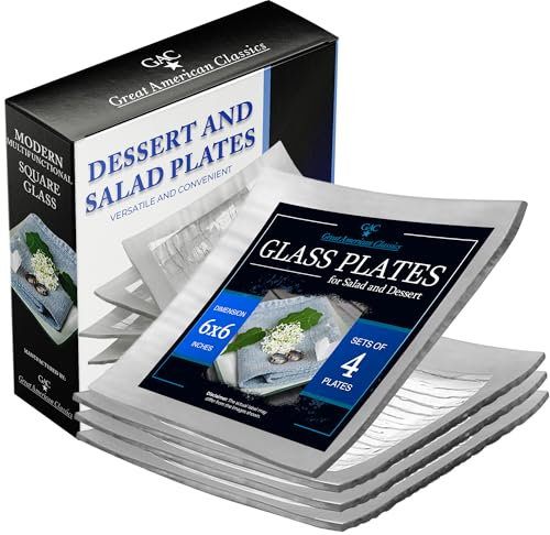 GAC Elegant Designed Square Tempered Glass Dessert Plates Set of 4 - Break and Chip Resistant - Oven Proof - Microwave Safe - Dishwasher Safe 6 Inch