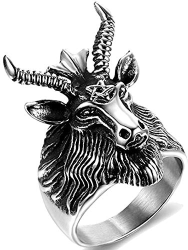 Stainless Steel Satan Worship Ram Goat Head Ring Aries Zodiac Biker Gothic Punk Hiphop grey
