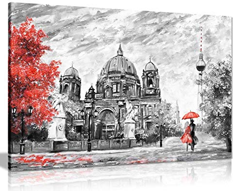 Deutschland Berlin Ölgemälde, Reproduktion, roter Regenschirm, Leinwanddruck, Heimdekoration, Schwerer Leinwand, gerahmt auf massivem Kiefernrahmen., 91x61cm (36x24in)