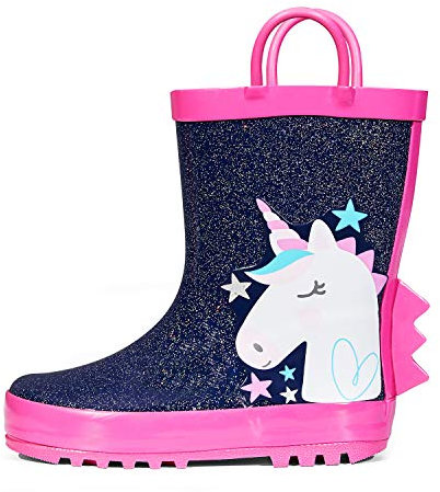 K KomForme Stivali da pioggia per bambini Stivali di gomma stampati impermeabili con manici, Stella Unicorno Glitter, 32 EU
