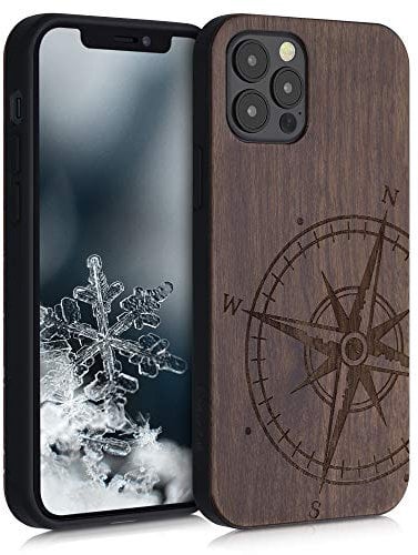 kwmobile Hülle kompatibel mit Apple iPhone 12 / iPhone 12 Pro Hülle - Holz Case - Handy Cover - TPU Handyhülle in Dunkelbraun Kompass Vintage