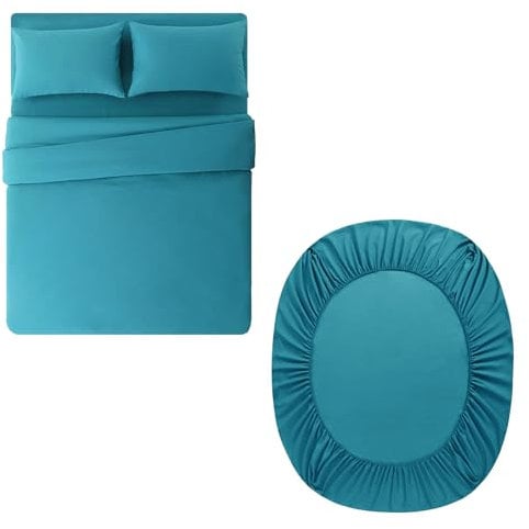 Aisbo Double Duvet Set with Sheet - Teal 4 Pieces Microfiber Bedding Set for Double Bed, Includes Duvet Cover, Fitted Sheet and Pillowcases