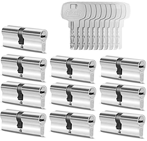 GERCAR 10x Cylindre de serrure/barillet de porte d'entree/interieure 80 mm - 10x serrure de porte 40/40 mm - En laiton nickelé - Avec 50 clés - Longueur : 80 mm, A: 40 B : 40