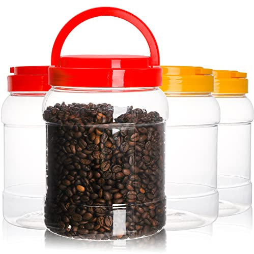 Lyellfe 4 Pack Clear Plastic Jars, 2000ml/ Half Gallon Wide Mouth Storage Containers with Leak-proof Lids Handle, BPA Free Empty Plastic Jar, Airtight Food Storage for Flour, Dry Goods, Candy
