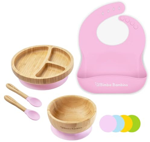 Bimba Bambino ® Premium Weaning Set | Bamboo Suction Plate, Bowl, Two Spoons and Silicone Bib, Sturdy and Safe Non-Toxic Natural Bamboo, Pink