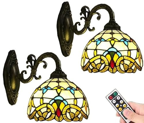 8'' Tiffany Sconces Wall Lights Battery Operated Wall Lamp 2 Pack,Indoor No Wire LED Colorful Wall Lights Wireless Dimmable Vintage Remote Wall Sconce light Fixture for Bedroom Living Room Vanity
