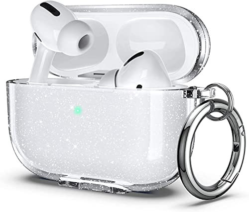 ULAK AirPods Pro Hülle, Durchsichtig Stoßfest Hülle Dünn Schutzhülle mit Karabiner Transparent Ladecase für Apple AirPods Pro 2022/2019 (LED an der Frontseite Sichtbar) - Glitzer