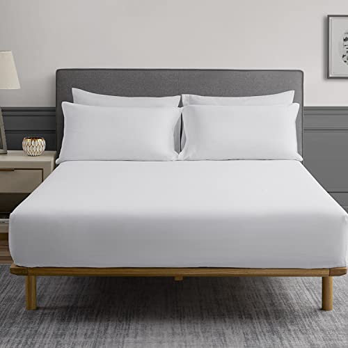 DAPU Spannbettlaken Halbleinen, 140×200cm Bettlaken mit 30cm Tiefe Tasche für Matratze, Weiches Atmungsaktives Leinen Baumwolle Spannbetttuch, Hohe Matratzenbezug, Weiß