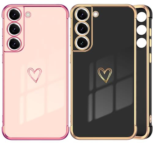 DSOIYIC 2 Stück für Samsung Galaxy S21 FE 5G Hülle Herz, Handyhülle Samsung S21 FE 5G Mädchen Liebeherz Galvanisierte Schutzhülle Dünn Weich TPU Stoßfest Case mit Kameraschutz - Schwarz & Rosa