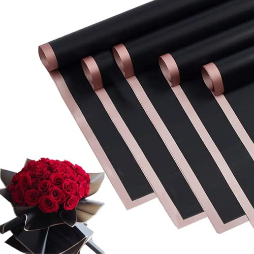 40 fogli di carta da regalo con fiori neri con bordo oro rosa, impermeabili, per compleanni, vacanze, matrimoni, confezioni regalo, bouquet, 56 x 56 cm