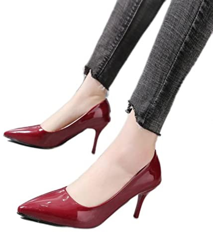 Scarpe classiche con tacco sottile da donna con décolleté da matrimonio, ufficiale, per il tempo libero, colore rosso vino, 39 (24,5 cm)