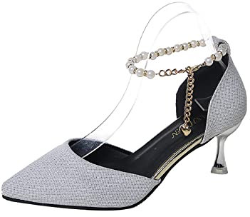 OALEEN Chaussures Escarpins Femme Sexy Petit Talon Sandales Eté Bride Cheville Perle Pailletté Soirée Mariage Argenté 44