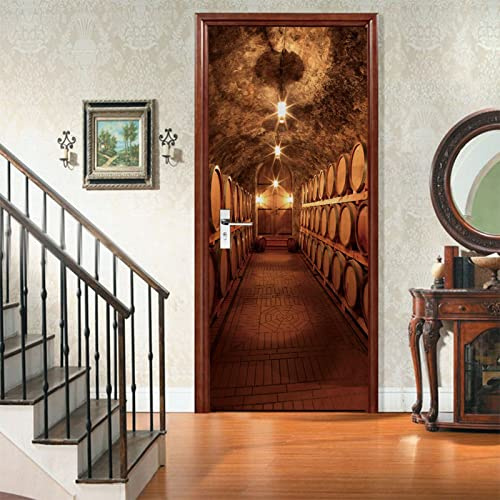 A.Monamour Türtapete Selbstklebend Türfolie Türposter 3D Reihen Von Weinfässern Im Unterirdischen Weinkeller Vinyl Folie Türdeko Tapete Wandbild Türaufkleber Türtattoo 77 x 200 cm