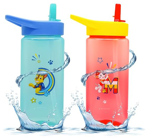 2Pcs Paw Patrol Water Bottles with Printed Chase and Marshall, 420ml Reusable Sports Water Bottles 16cm, Silicon Straw Sipper Bottles for Kids 6+ Months