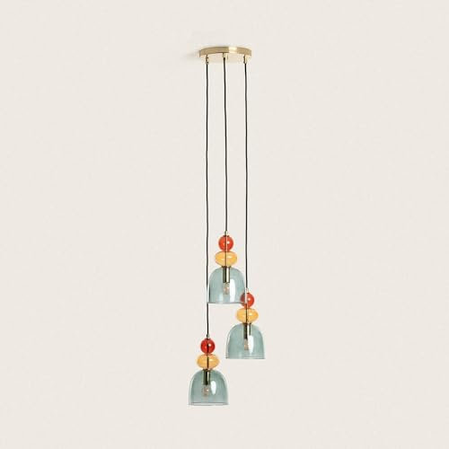LEDKIA LIGHTING - Lámpara Colgante Metal y Cristal Tri Baudelaire | Diseño Vintage Elegante | Compatible con Bombillas E14 | Ideal para Salón, Dormitorio, Oficina, Verde, Metal