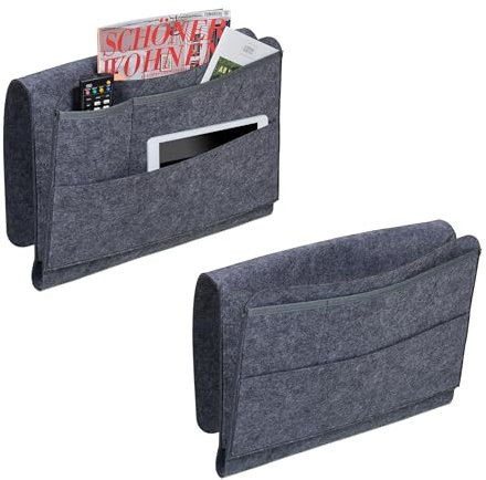 Relaxdays Betttasche, 2er Set, 4 Fächer, Klettverschluss, Aufbewahrung für Bett & Sofa, Bett Organizer, Filz, dunkelgrau