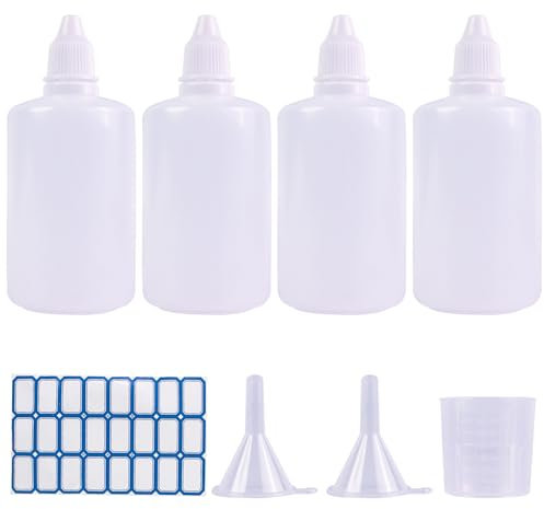 4 Stück Liquid Flaschen 100ml, Tropfflasche Leer Plastikflaschen Quetschflaschen Reiseflasche Dosierflasche mit Kindersicherung Deckel Inkl. Trichter Messbecher Etiketten (100ml)
