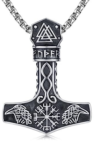 Twoowl Mjolnir Halskette Sterling Silber Wikinger Kompass Anhänger Thor Hammer Halskette Rabe Halskette Nordische Runen Vegvisir Amulett Schmuck Geschenke für Frauen Männer