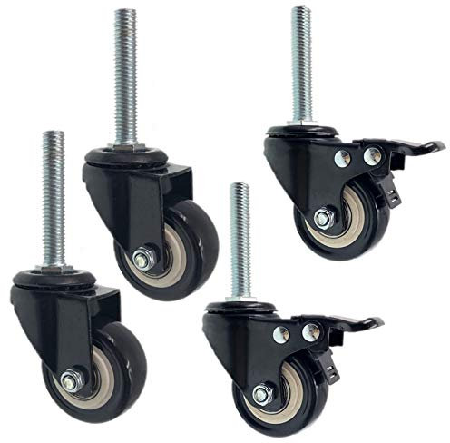 Lenkrollen, 50 mm drehbares Schaftrad mit M10 x 100 mm Gewindeschaft, Werkbank-Ersatzteile, Polyurethan-Räder für kleine Regale und Möbel, doppelt gelagert, Tragkraft 150 kg, 4 Stück/Bremse