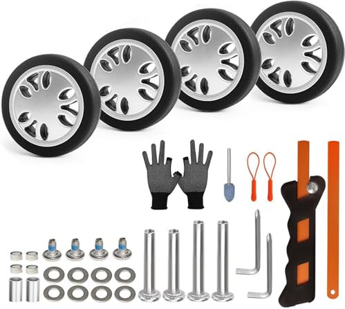 ASUNTOM Gepäck-Spinner-Reparatur-Set, 4 Stück, 50 mm Schwenkräder, 15 mm dick, PVC-Gummi, Inline-Rad, 2 Achsen, komplettes Reparaturwerkzeug für Spinner, Koffer, Trolley, Tasche, Deichsel, Reisebox