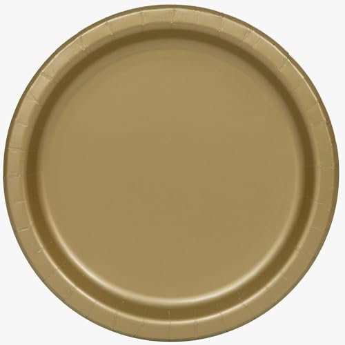 Trimming Shop 7 Heavy Duty Round Dessert Plates Gold Disposable Plates 18cm, 16 Pack - Colour Themed Paper Tableware for BBQs, Weddings, Anniversary, Birthday, Multipurpose Occasions