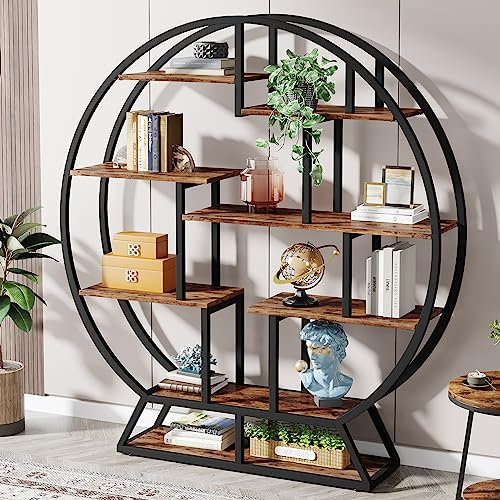 Tribesigns Round Bookcase - Industrial 5-Tier Shelf, 160 cm High, Rustic Open Organiser for Home, Office, Living Room - Brown