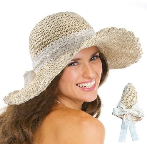 badaren Sonnenhut Damen – Strohhut Damen Sommer, Jagdhut mit Spitzenband, Strohhüte Damen – Sonnenhüte für Damen UPF UV – Faltbarer Reisehut für Damen