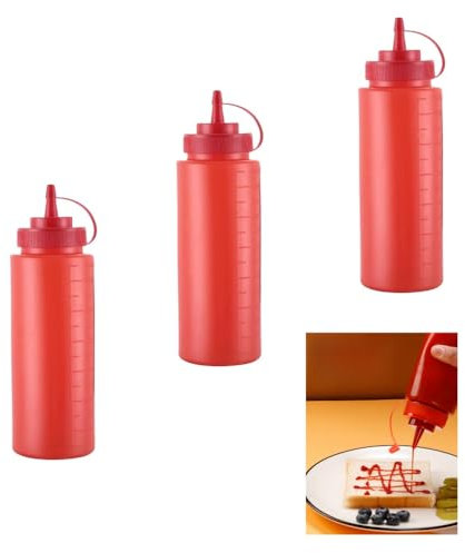 DODXIAOBEUL 3 Pcs Plastic Squeeze Bottles 32 oz, Ketchup Mustard Bottles,Cooking Squeeze Bottle,Use for Tomato Sauce, Mustard, Syrup, Sauces, Condiments, Oils,Crafts (Red, 32 oz)