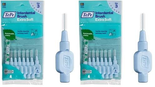 TePe Interdentalbürsten, Blau, extra weich (0,6 mm, Größe 3), einfache und effektive Reinigung der Zahnzwischenräume, 1 x 8 Bürsten (Packung mit 2)