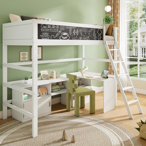 ZYLOYAL10 Multifunktionales Kinderbett, Einzelbett,Etagenkinderbett, Mit Beweglicher Tisch & Brett& Kritzelbrett& Stauschrank & Leitern, Ohne Matratze, 90 * 200 cm, Weiß