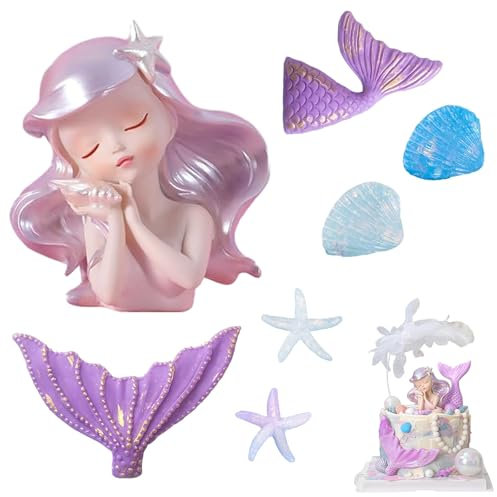 mohito 7-teiliges Meerjungfrau Kuchen Dekoration Set: Lila Meerjungfrau Geburtstag Deko mit Meerjungfrauenmädchen, Meerjungfrauenschwänzen, Muscheln und Seesternen
