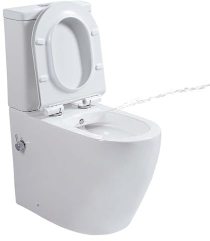 Rimless Close Coupled Toilet with Bidet, Integrated Combined Bidet Toilet All in One Back to Wall Comfort Height Toilets Elongated Ceramic Pan Soft Close Seat Cistern Bathroom WC