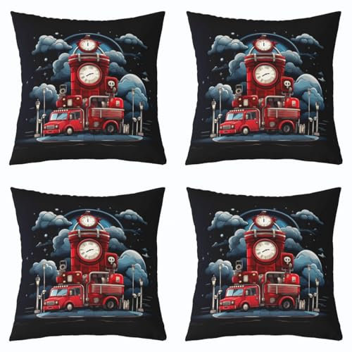 Homewish Set von 4 Roten Feuerwehrwagen Kissenbezüge 45x45cm,Cartoon Fahrzeug Wurf Kissenbezüge,Uhr Druck Kissenbezüge,Moonnight Cool Dekorative Kissenbezüge für Jungen Kinder Teens