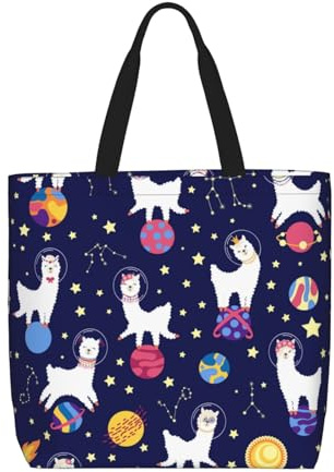 Xiso Ver Lama in Space Tragetasche für Damen, große Kapazität, Einkaufstasche mit Tasche, Reißverschluss, Strandtasche für Einkaufen, Strand, Lebensmittel