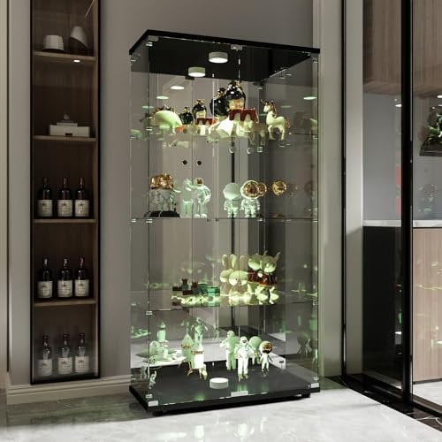 Vitrine en Verre avec Led,Armoire vitrine Pour Collection avec 2 Porte 4 étagères Transparent Meuble Vitrine Verre vitrines Figurine Armoire Salon Bar (4 étages 2 porte+LED effet miroir, noir)