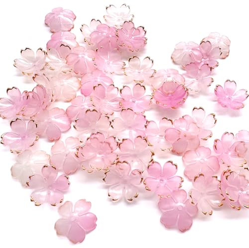 BUOKSLLY 50 pcs Cherry Blossom Acrylic Flower Charms - Kirschblüten Acrylperlen, Vergoldete Blütenblatt-Perlen, Transparent, Ideal für Schmuckherstellung und Bastelarbeiten