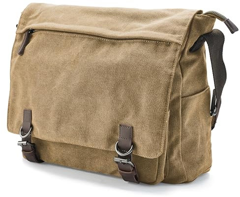 Trendhim Messenger Bag Herren | Canvas Umhängetasche mit Lederdetails & Laptopfach | Schultertasche für Alltag, Arbeit, Büro & Freizeit, 15 Zoll | Hellbraun