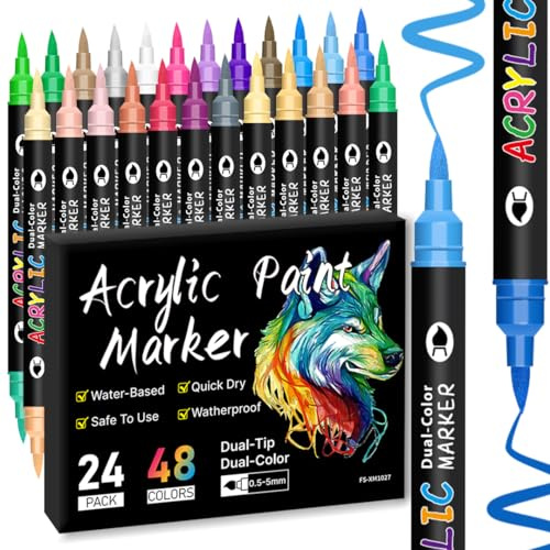 Alitastro Dual Tip Acrylic Paint Pens 24 Pack 48 Colors Acrylic Markers | Waterproof, Quick Dry, Fade Resistant, Water-based Marker Pens for Adults for Rock Painting Wood Glass Ceramic Easter Egg