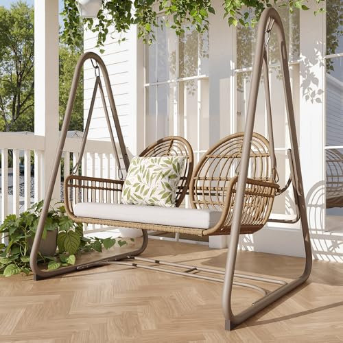 Gartenschaukel 2-Sitzer, PE-Rattan Gartenschaukel mit Sitzkissen, Hollywoodschaukel mit Rückenlehne, Doppelschaukel für Garten Balkon, bis 320KG (Braun)