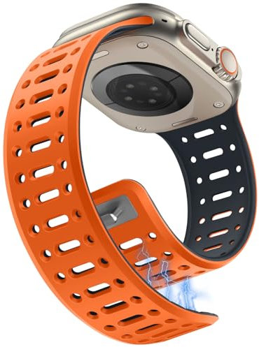 Sixmoat Magnetico Cinturini Compatibile con Apple Watch Cinturino 49/46/45/44/42mm per Uomo Donna, Traspirante Silicone Sportivo Bracciale per iWatch Ultra Serie 10 9 8 7 6 5 4 3 SE, Arancio-Notte