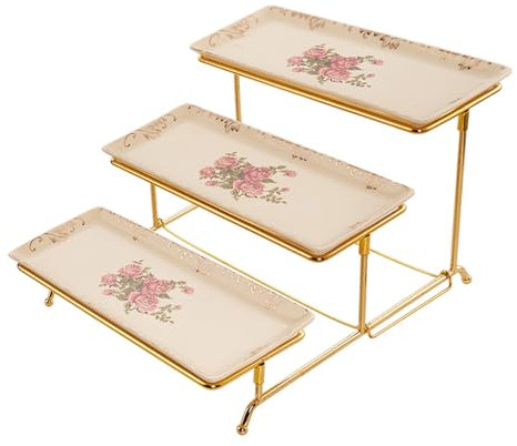 Fiita 3 Tier Serving Tray for Party Supplies, 12 Inch Ceramic with Golden Metal Dessert & Cake Presentation Stand for Buffets, Snack, Veggie, Fruit, Cookies, Dessert, Dishes