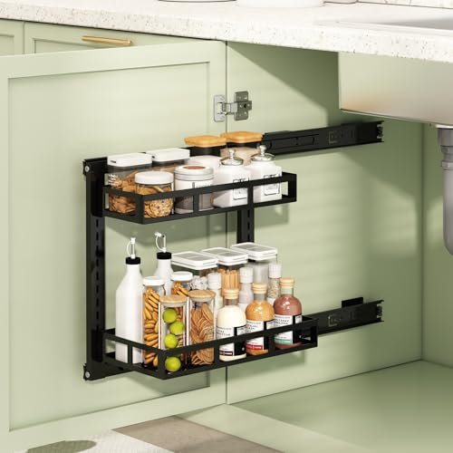 Küchenschranktür-Aufbewahrungsbox, 2 Etagen Selbstklebendes Wandmontierte Küchenschrank Organizer, Unter Waschbecken Regal, Höhe Verstellbar Küche Doppelschubladenkorb, 31.5 T x 20 B x 41.5 H cm
