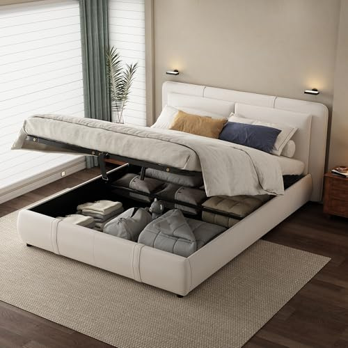 BTM Upholstered Double Bed with Storage, Double Bed Frame with Removable Soft Headboard Backrest, 4ft6-135x190cm, Velvet+Plywood, Beige (No Mattress)